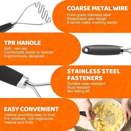 Potato Masher Set of 2 Pieces, 10.25-Inch Stainless Steel Wire Mashed Potato Masher, Kitchen Gourmet Making Tools Professional Integrated Honeycomb, For Vegetable, Fruit, Melon, Potato Etc, Black.