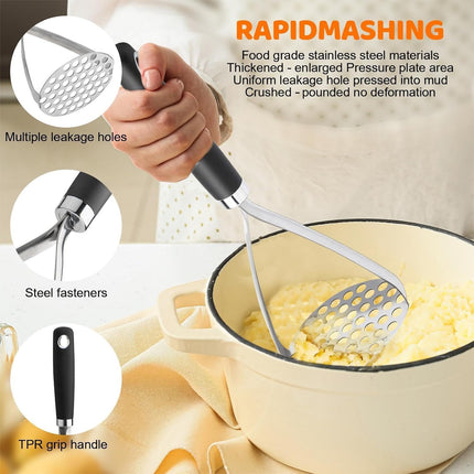 Potato Masher Set of 2 Pieces, 10.25-Inch Stainless Steel Wire Mashed Potato Masher, Kitchen Gourmet Making Tools Professional Integrated Honeycomb, For Vegetable, Fruit, Melon, Potato Etc, Black.