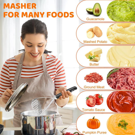 Potato Masher Set of 2 Pieces, 10.25-Inch Stainless Steel Wire Mashed Potato Masher, Kitchen Gourmet Making Tools Professional Integrated Honeycomb, For Vegetable, Fruit, Melon, Potato Etc, Black.
