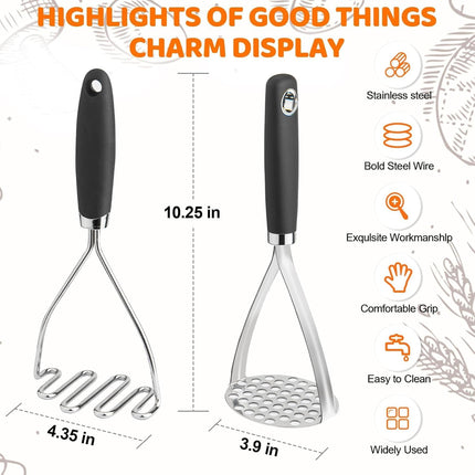 Potato Masher Set of 2 Pieces, 10.25-Inch Stainless Steel Wire Mashed Potato Masher, Kitchen Gourmet Making Tools Professional Integrated Honeycomb, For Vegetable, Fruit, Melon, Potato Etc, Black.