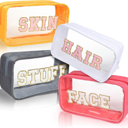 Clear Makeup Bags with Chenille Letters, 4 Pack Preppy Cosmetic Pouch Zipper, Personalized Initial beauty case, Travel Toiletry vanity organizer for Women Girl (Hair, Face, Skin, Stuff).