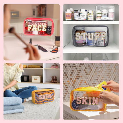Clear Makeup Bags with Chenille Letters, 4 Pack Preppy Cosmetic Pouch Zipper, Personalized Initial beauty case, Travel Toiletry vanity organizer for Women Girl (Hair, Face, Skin, Stuff).