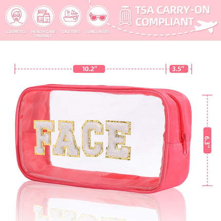 Clear Makeup Bags with Chenille Letters, 4 Pack Preppy Cosmetic Pouch Zipper, Personalized Initial beauty case, Travel Toiletry vanity organizer for Women Girl (Hair, Face, Skin, Stuff).