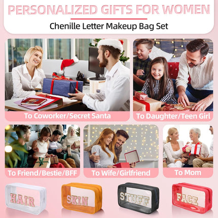 Clear Makeup Bags with Chenille Letters, 4 Pack Preppy Cosmetic Pouch Zipper, Personalized Initial beauty case, Travel Toiletry vanity organizer for Women Girl (Hair, Face, Skin, Stuff).