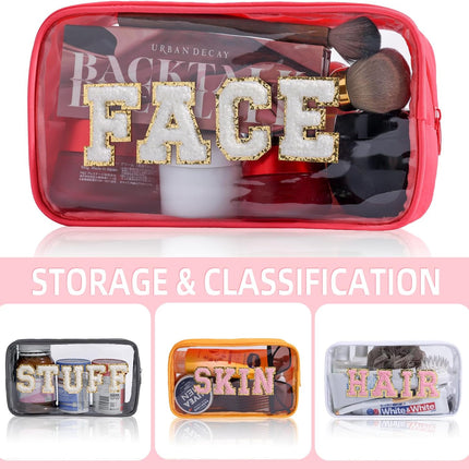 Clear Makeup Bags with Chenille Letters, 4 Pack Preppy Cosmetic Pouch Zipper, Personalized Initial beauty case, Travel Toiletry vanity organizer for Women Girl (Hair, Face, Skin, Stuff).