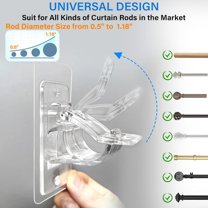 6-Pack No Drill Needed Curtain Rod Holders, Self Adhesive Rod Brackets for Smooth Walls, Multipurpose Nail-Free Stick on Curtain Rod Hooks, Screw Mount Curtain Hangers for Textured Surfaces.