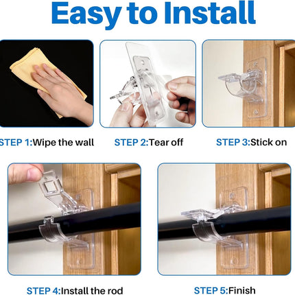 6-Pack No Drill Needed Curtain Rod Holders, Self Adhesive Rod Brackets for Smooth Walls, Multipurpose Nail-Free Stick on Curtain Rod Hooks, Screw Mount Curtain Hangers for Textured Surfaces.