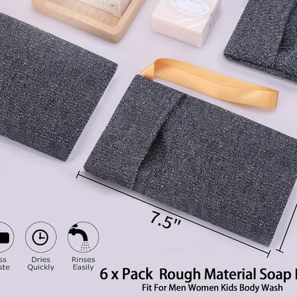 6-Pack Soap Pocket Exfoliating Soap Saver Pouch, Body Scrubber Rough Sponge Exfoliator for Bath or Shower, Gray Mesh Bar Soap Foam Lather Pouch.