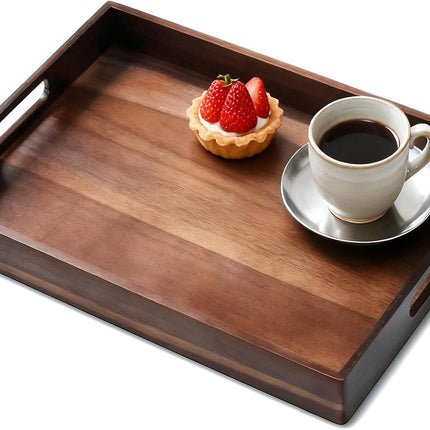Acacia Wood Serving Tray with Handles, 17 Inch Wooden Tray for Ottoman, Breakfast, Lunch, Dinner, Decorative Rectangular Tray for Living Room, Kitchen Counter, Outdoor.