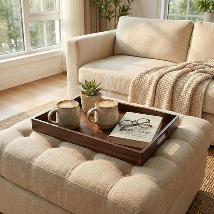 Acacia Wood Serving Tray with Handles, 17 Inch Wooden Tray for Ottoman, Breakfast, Lunch, Dinner, Decorative Rectangular Tray for Living Room, Kitchen Counter, Outdoor.