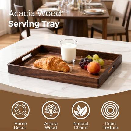 Acacia Wood Serving Tray with Handles, 17 Inch Wooden Tray for Ottoman, Breakfast, Lunch, Dinner, Decorative Rectangular Tray for Living Room, Kitchen Counter, Outdoor.