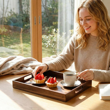 Acacia Wood Serving Tray with Handles, 17 Inch Wooden Tray for Ottoman, Breakfast, Lunch, Dinner, Decorative Rectangular Tray for Living Room, Kitchen Counter, Outdoor.