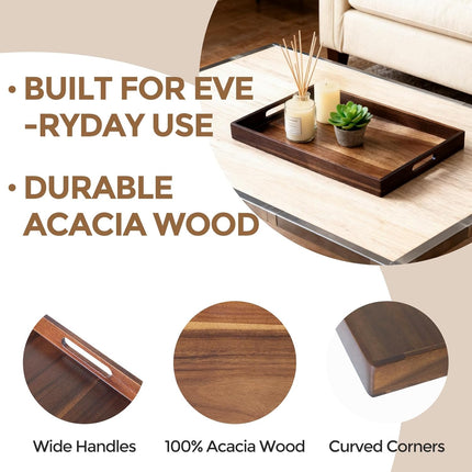 Acacia Wood Serving Tray with Handles, 17 Inch Wooden Tray for Ottoman, Breakfast, Lunch, Dinner, Decorative Rectangular Tray for Living Room, Kitchen Counter, Outdoor.