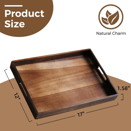 Acacia Wood Serving Tray with Handles, 17 Inch Wooden Tray for Ottoman, Breakfast, Lunch, Dinner, Decorative Rectangular Tray for Living Room, Kitchen Counter, Outdoor.
