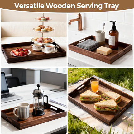 Acacia Wood Serving Tray with Handles, 17 Inch Wooden Tray for Ottoman, Breakfast, Lunch, Dinner, Decorative Rectangular Tray for Living Room, Kitchen Counter, Outdoor.