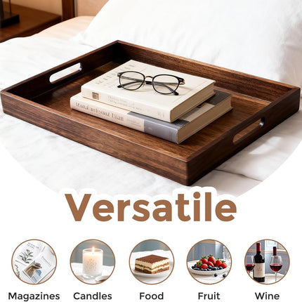 Acacia Wood Serving Tray with Handles, 17 Inch Wooden Tray for Ottoman, Breakfast, Lunch, Dinner, Decorative Rectangular Tray for Living Room, Kitchen Counter, Outdoor.