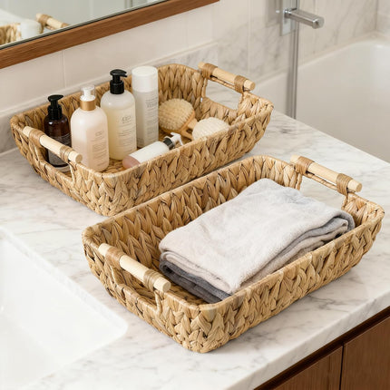 2 Pack Wicker Storage Baskets with Wooden Handles, Large Water Hyacinth Basket for Organizing Shelves, Natural Woven Storage Baskets for Snack, Gift.
