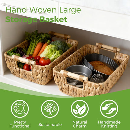 2 Pack Wicker Storage Baskets with Wooden Handles, Large Water Hyacinth Basket for Organizing Shelves, Natural Woven Storage Baskets for Snack, Gift.