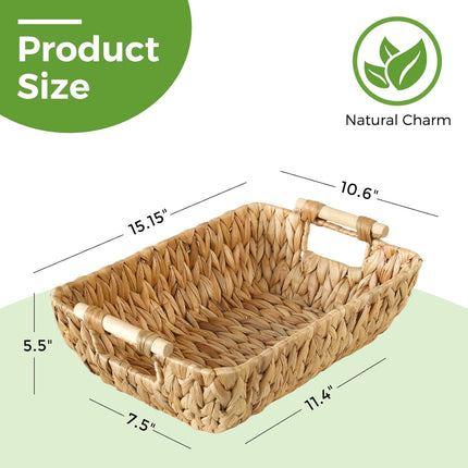 2 Pack Wicker Storage Baskets with Wooden Handles, Large Water Hyacinth Basket for Organizing Shelves, Natural Woven Storage Baskets for Snack, Gift.