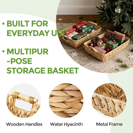 2 Pack Wicker Storage Baskets with Wooden Handles, Large Water Hyacinth Basket for Organizing Shelves, Natural Woven Storage Baskets for Snack, Gift.