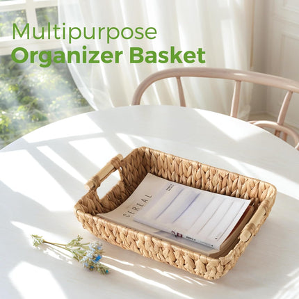 2 Pack Wicker Storage Baskets with Wooden Handles, Large Water Hyacinth Basket for Organizing Shelves, Natural Woven Storage Baskets for Snack, Gift.