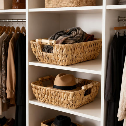 2 Pack Wicker Storage Baskets with Wooden Handles, Large Water Hyacinth Basket for Organizing Shelves, Natural Woven Storage Baskets for Snack, Gift.