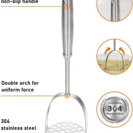 Potato Masher, Dual Arc for Easy, Labor-Saving Mashing, 304 Stainless Steel, Sturdy and Durable One-Piece Potato Press, Dishwasher Safe, for Potatoes and More.