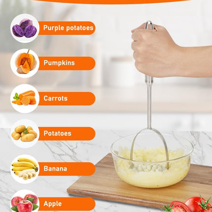 Potato Masher, Dual Arc for Easy, Labor-Saving Mashing, 304 Stainless Steel, Sturdy and Durable One-Piece Potato Press, Dishwasher Safe, for Potatoes and More.