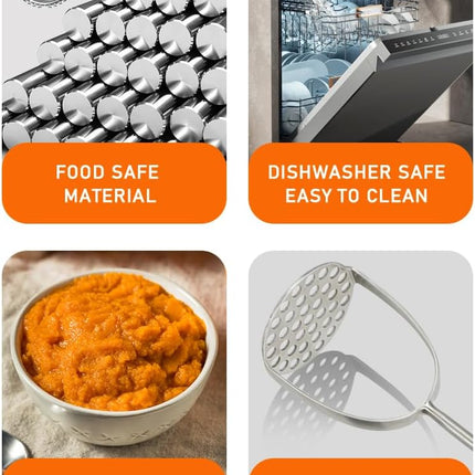 Potato Masher, Dual Arc for Easy, Labor-Saving Mashing, 304 Stainless Steel, Sturdy and Durable One-Piece Potato Press, Dishwasher Safe, for Potatoes and More.