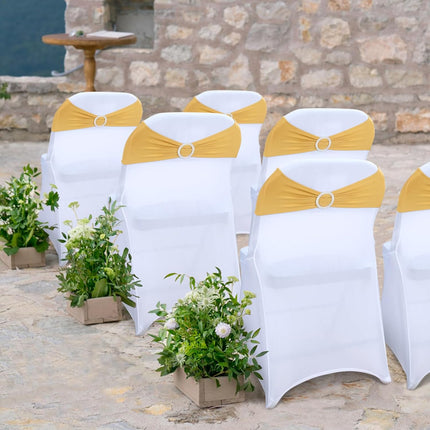 Gold Spandex Chair Sashes - 30pc Premium Stretch Chair Bows with Sliders for Wedding Party Banquet Decoration.