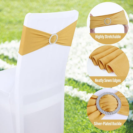 Gold Spandex Chair Sashes - 30pc Premium Stretch Chair Bows with Sliders for Wedding Party Banquet Decoration.