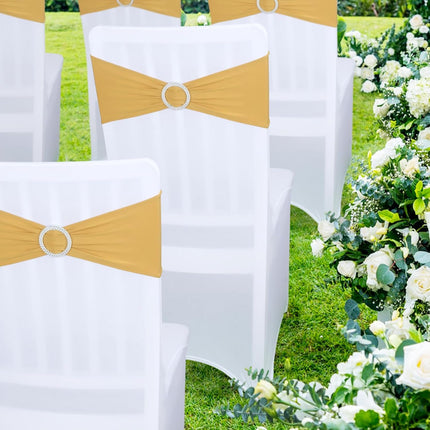 Gold Spandex Chair Sashes - 30pc Premium Stretch Chair Bows with Sliders for Wedding Party Banquet Decoration.