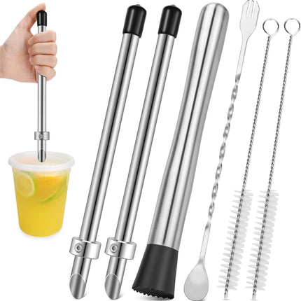 6 Pcs Straw Puncher and Muddler for Plastic Lids Lemonade Cups, Stainless Steel Muddler and Mixing Spoon-Straw Hole Puncher for Drink, Fresh Squeezed Lemonade Stand Supplies.