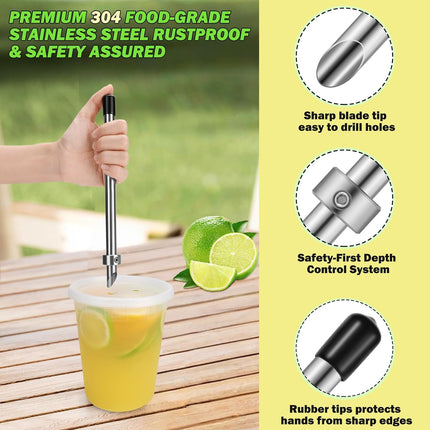 6 Pcs Straw Puncher and Muddler for Plastic Lids Lemonade Cups, Stainless Steel Muddler and Mixing Spoon-Straw Hole Puncher for Drink, Fresh Squeezed Lemonade Stand Supplies.