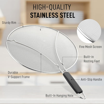Splatter Screen for Frying Pan (13”) - Grease Splatter Guard for Frying Pan - Oil Splatter Guard - Oil Splash Guard for Frying Pan - Stainless Steel Grease Screen for Stove Top (Black).