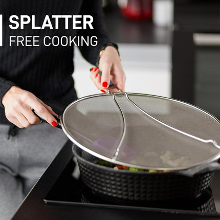 Splatter Screen for Frying Pan (13”) - Grease Splatter Guard for Frying Pan - Oil Splatter Guard - Oil Splash Guard for Frying Pan - Stainless Steel Grease Screen for Stove Top (Black).
