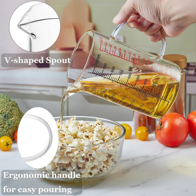 Glass Measuring Cup-[Insulated handle | V-Shaped Spout]-Made of High Borosilicate Glass Measuring Cup for Kitchen or Restaurant, Easy to Read, 1000 ML (32 Oz, 4 Cup).