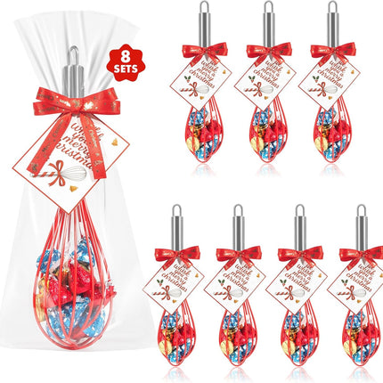 Christmas Whisk Gifts for Neighbors – 8 Sets 8“ Red Silicone Whisks with “We Whisk You a Merry Christmas” Cards, Gift Bags & Ribbons, Fun DIY Stocking Stuffers for Family, Friends, Teachers.