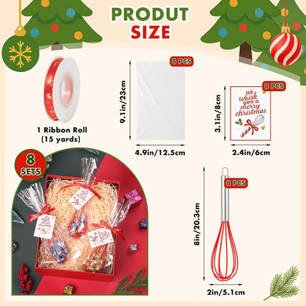 Christmas Whisk Gifts for Neighbors – 8 Sets 8“ Red Silicone Whisks with “We Whisk You a Merry Christmas” Cards, Gift Bags & Ribbons, Fun DIY Stocking Stuffers for Family, Friends, Teachers.