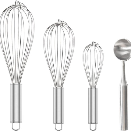 304 Stainless Steel Whisk Set & Stainless Steel Ice Cream Scoop, 3 Pack Whisks and Heavy Duty Scoop for Kitchen Cooking and Dessert Making.