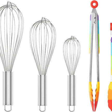 304 Stainless Steel Whisk Set & Rainbow Tongs Set, 3 Pack Metal Whisks and Silicone Tongs for Kitchen Cooking.