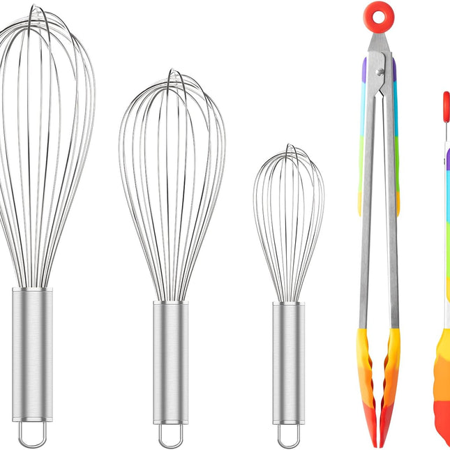 304 Stainless Steel Whisk Set & Rainbow Tongs Set, 3 Pack Metal Whisks and Silicone Tongs for Kitchen Cooking.