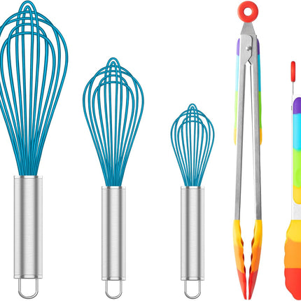 Silicone Whisk & Rainbow Kitchen Tongs Set, 304 Stainless Steel Tongs with Silicone Tips, 600F Heat Resistant, Blue.