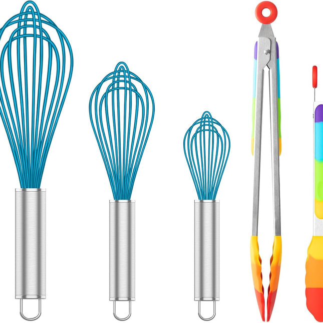 Silicone Whisk & Rainbow Kitchen Tongs Set, 304 Stainless Steel Tongs with Silicone Tips, 600F Heat Resistant, Blue.