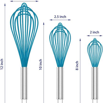 Silicone Whisk & Rainbow Kitchen Tongs Set, 304 Stainless Steel Tongs with Silicone Tips, 600F Heat Resistant, Blue.