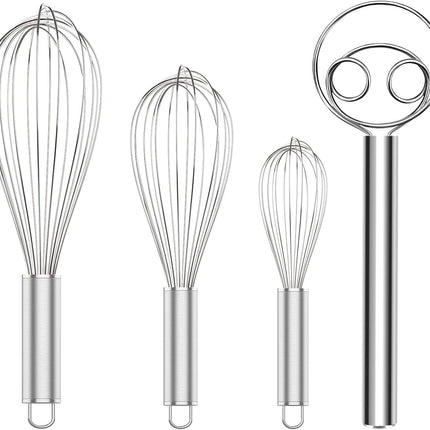 304 Stainless Steel Whisk Set & Danish Dough Whisk, 3 Pack Professional Kitchen Whisks, Metal Whisks for Blending, Beating, Mixing Dough.