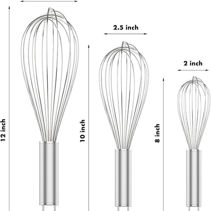 304 Stainless Steel Whisk Set & Danish Dough Whisk, 3 Pack Professional Kitchen Whisks, Metal Whisks for Blending, Beating, Mixing Dough.