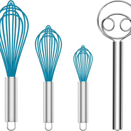 Silicone Whisk & Danish Dough Whisk Set, 4-Piece Silicone Whisks & 9-Inch Dough Whisk for Cooking, Baking, and Mixing.