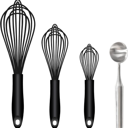 Silicone Whisk & Stainless Steel Ice Cream Scoop Set, Kitchen Essentials for Cooking and Desserts.