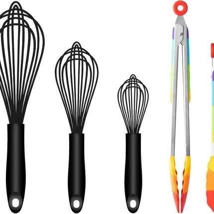 Silicone Whisk & Rainbow Tongs Set, Heat-Resistant Kitchen Tools for Cooking and Serving.